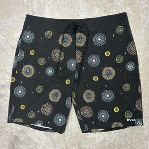 RVCA Boardshorts Mens 34 Black Nature Geometric Surf Shorts Unlined